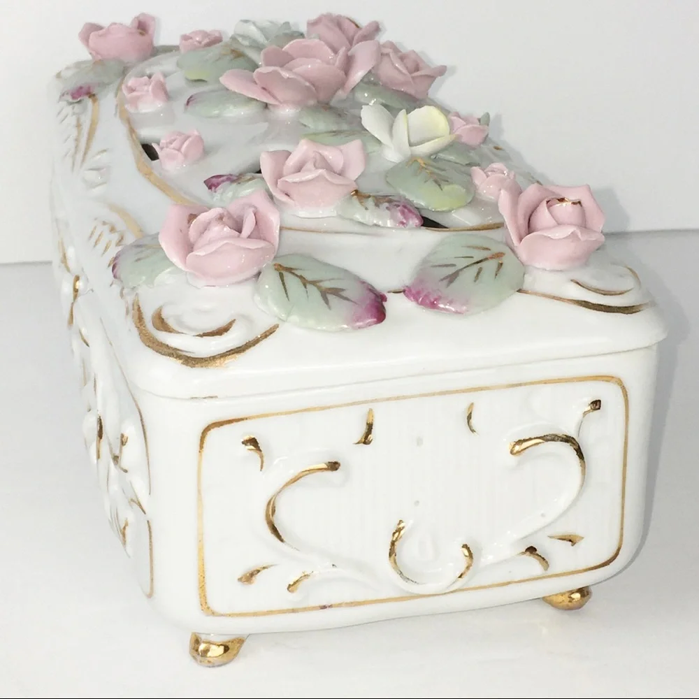White Porcelain Jewelry Box with Pink Floral Design Delicate Rectangular Beauty